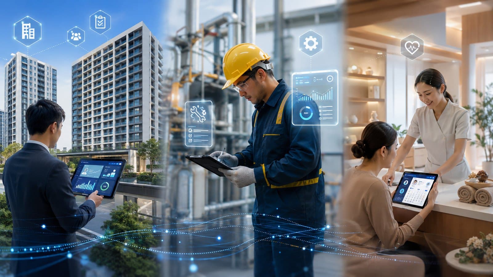 Pengelola properti, teknisi maintenance, dan front desk wellness menggunakan sistem NT Integrasi