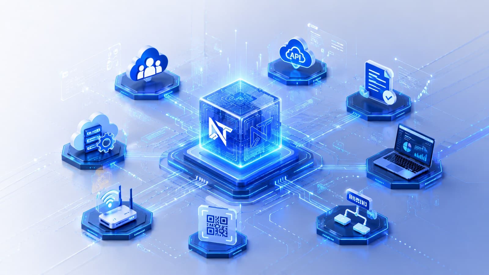 Diagram arsitektur Neo Core Platform dengan modul tenant, API, IoT, dan pelaporan